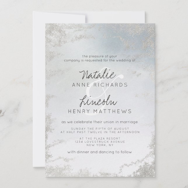 Invitación Ombre Dusty Blue Frosted Silver Boda moderno (Anverso)