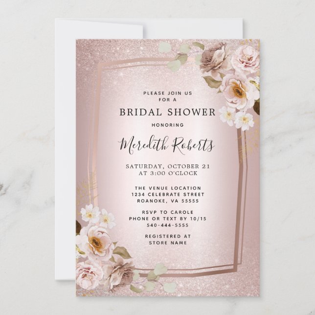 Invitación Ombre Floral Bridal Shower Purpurina Rosa Gold Rub (Anverso)