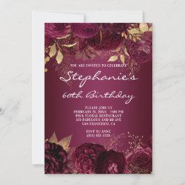 Invitación Ombre floral de oro y borgoña 60 cumpleaños