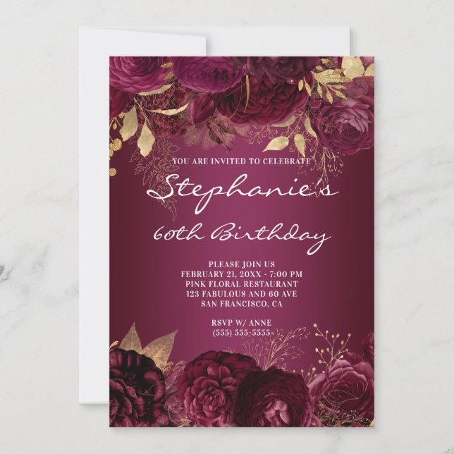 Invitación Ombre floral de oro y borgoña 60 cumpleaños (Anverso)