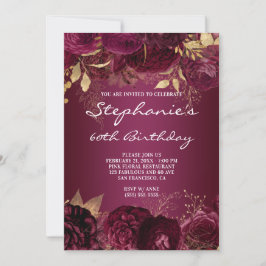 Invitación Ombre floral de oro y borgoña 60 cumpleaños