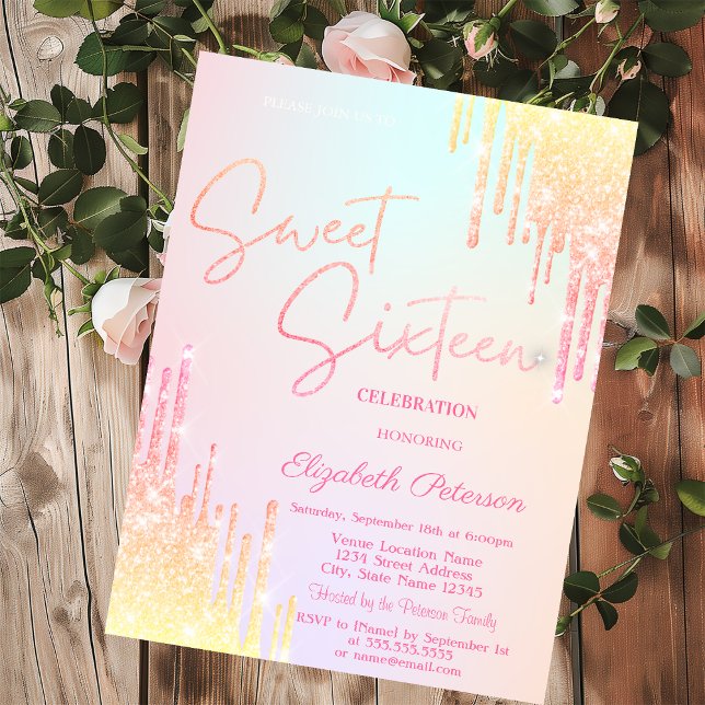 Invitación  Ombre Glitter Drips Colorful Sweet 16   (Subido por el creador)