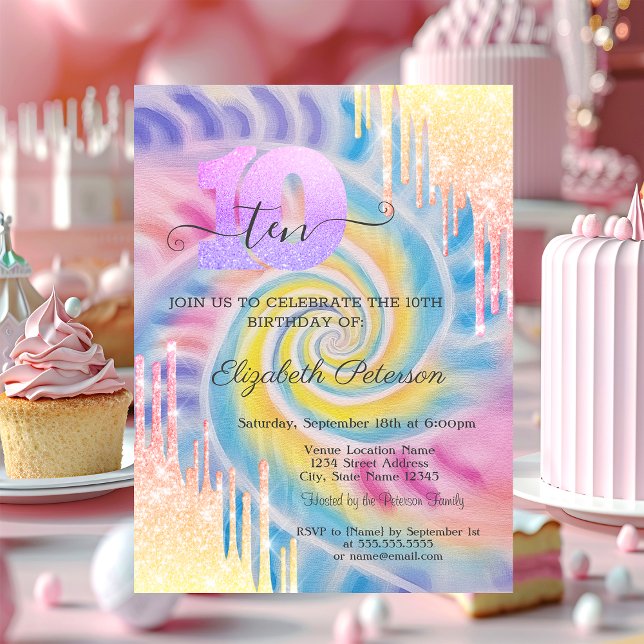 Invitación Ombre Glitter Drips Tie Dye 10.º Cumpleaños  (Subido por el creador)