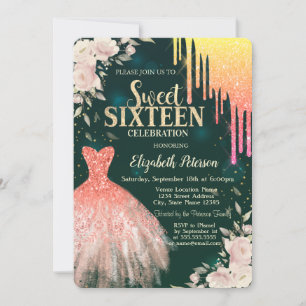Invitación Ombre Glitter Drips,Vestido,Floral Verde Dulce 16