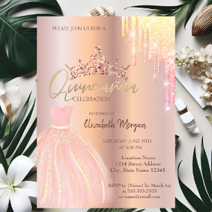 Invitación Ombre Glitter Drop Tiara Vestido Quinceañera