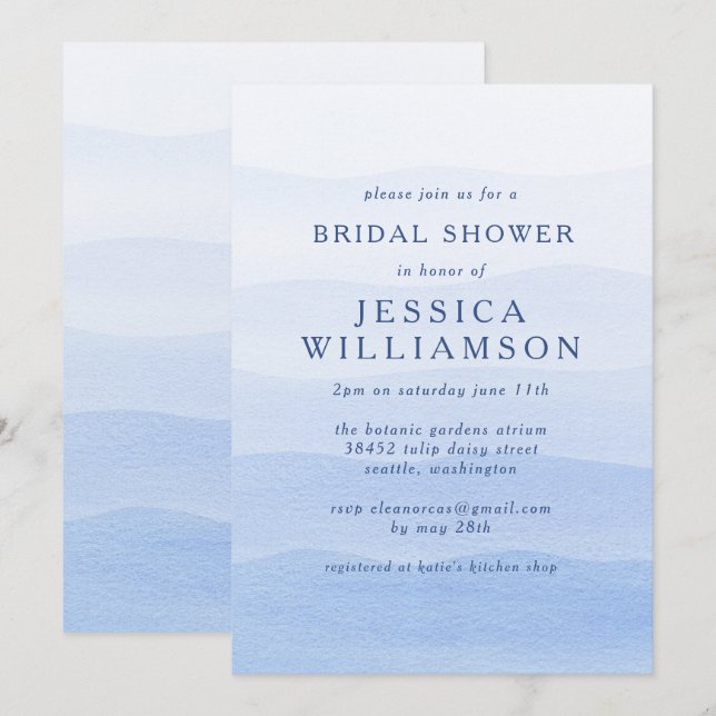 Invitación Ombre Gradiente Dip Dye Blue Bridal Shower (Anverso / Reverso)