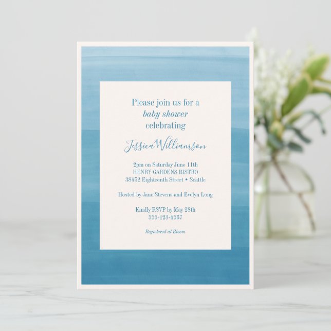 Invitación Ombre Gradiente Dip Dye Ocean Blue Baby Shower (Anverso de pie)