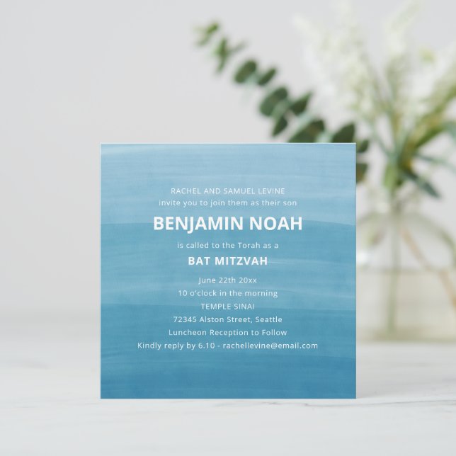 Invitación Ombre Gradiente Moderno Océano Azul Turquesa Bar M (Anverso de pie)