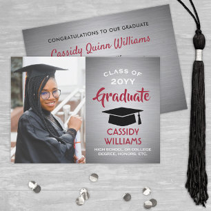 Invitación Ombre gris cepillado, foto de graduación roja y bl