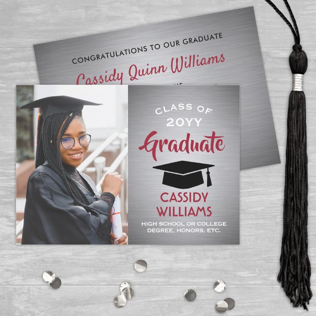 Invitación Ombre gris cepillado, foto de graduación roja y bl (Subido por el creador)