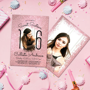 Invitación Ombre Halo, Purpurina de oro rosa rosa, foto dulce
