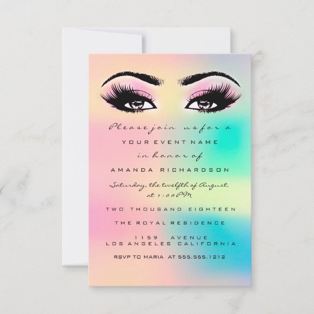 Invitación Ombre Holográfico Pastel Bridal Sweet 16th Eyelash (Anverso)