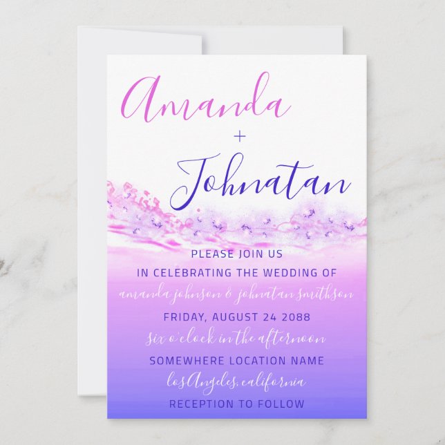 Invitación Ombre oceánico azul morado boda (Anverso)