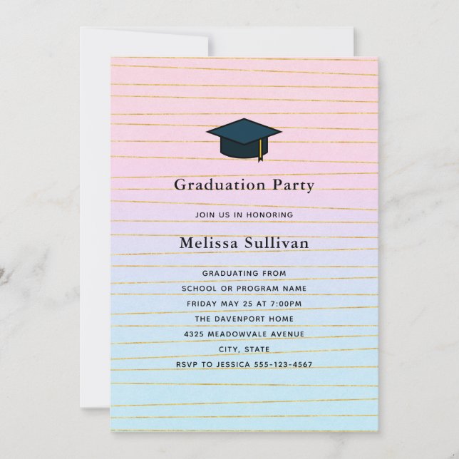 Invitación Ombre Pastel Azul Rosa con Graduación de Líneas de (Anverso)