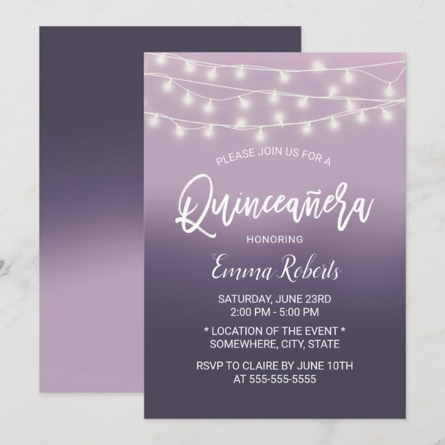 Invitación Ombre púrpura moderno Quinceanera 15 cumpleaños (Anverso / Reverso)