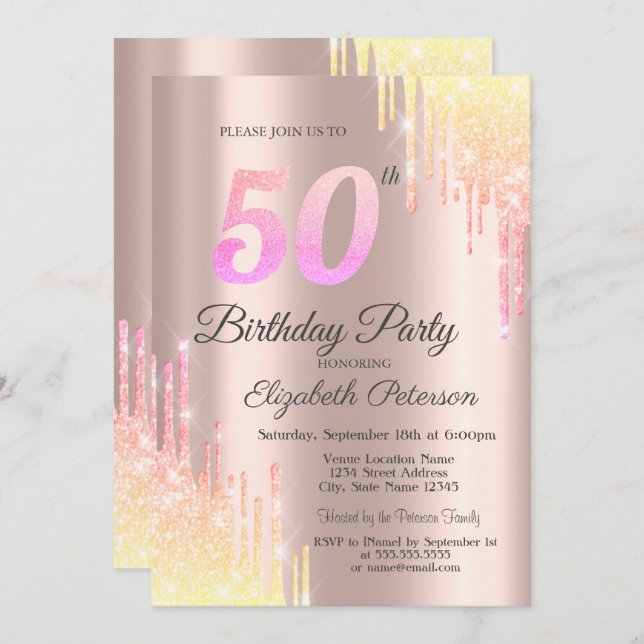 Invitación Ombre Purpurina Drips Rosa Oro 50 cumpleaños (Anverso / Reverso)
