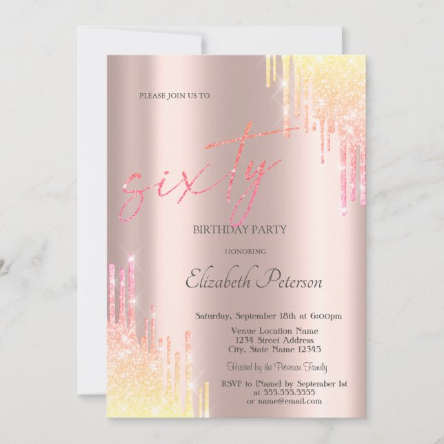 Invitación Ombre Purpurina Drips Rosa Oro 60 cumpleaños (Anverso)