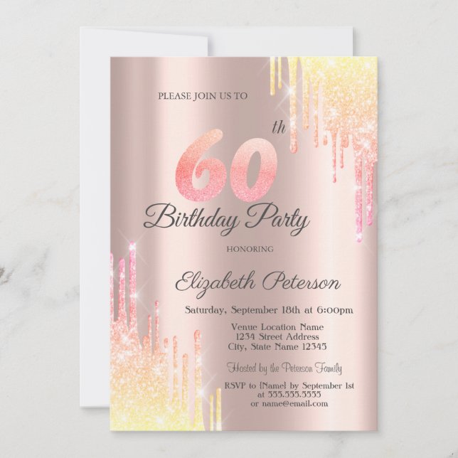 Invitación Ombre Purpurina Drips Rosa Oro 60 cumpleaños fiest (Anverso)