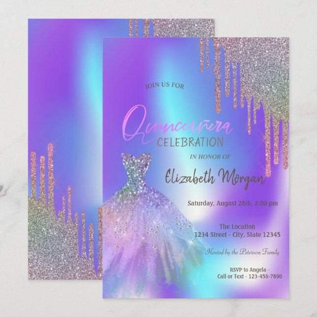 Invitación Ombre Purpurina Dris Vestido Quinceañera (Anverso / Reverso)