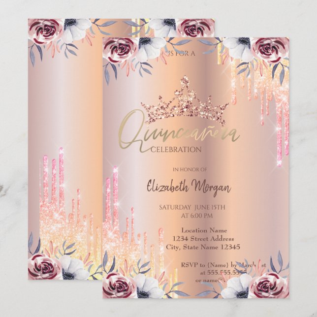 Invitación Ombre Purpurina Drop Tiara Floral Quinceañera (Anverso / Reverso)