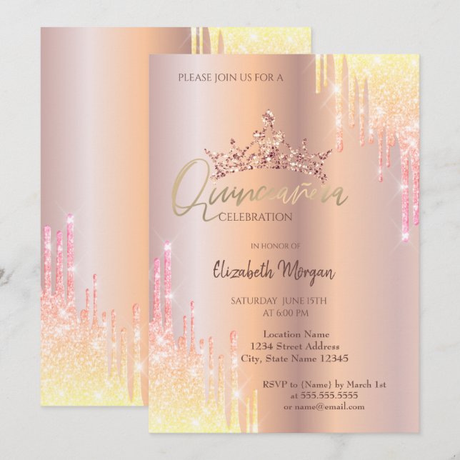 Invitación Ombre Purpurina Drop Tiara Rosa Oro Quinceañera (Anverso / Reverso)