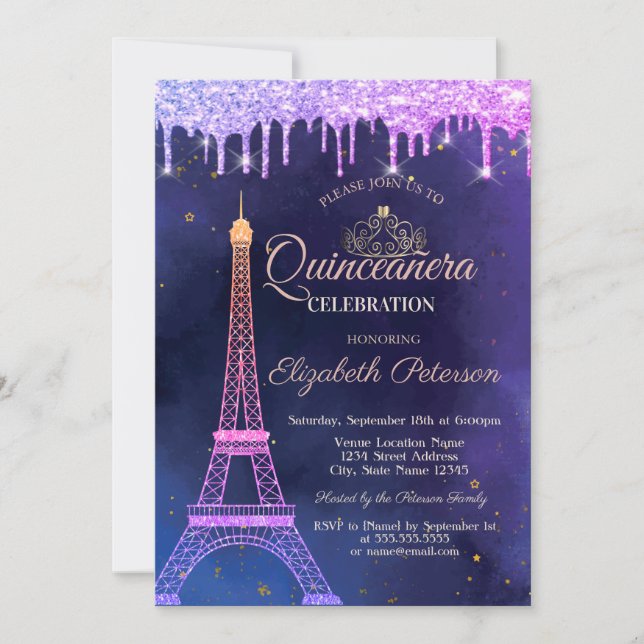Invitación Ombre Purpurina Eiffel Tower Tiara Drips Quinceañe (Anverso)