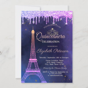 Invitación Ombre Purpurina Eiffel Tower Tiara Drips Quinceañe