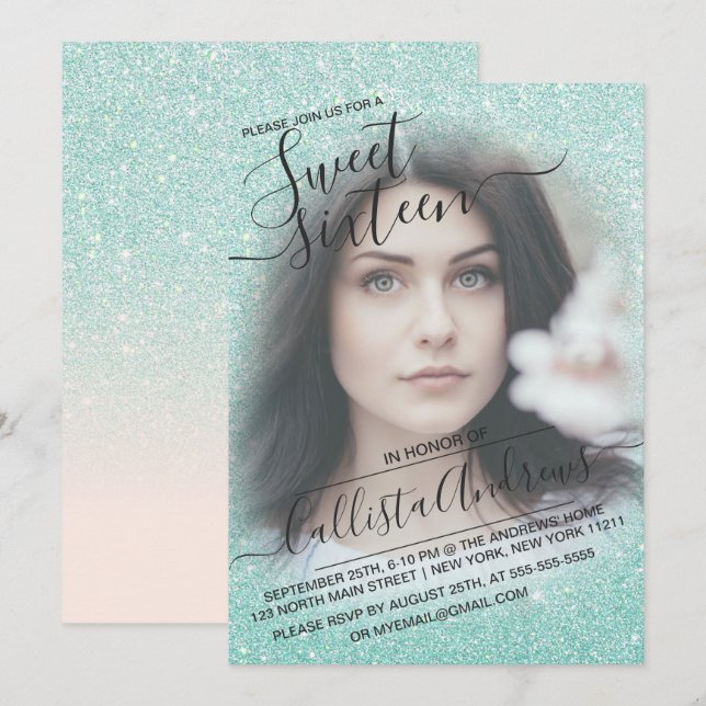 Invitación Ombre, Purpurina espumoso rosa azul, foto dulce 16 (Anverso / Reverso)