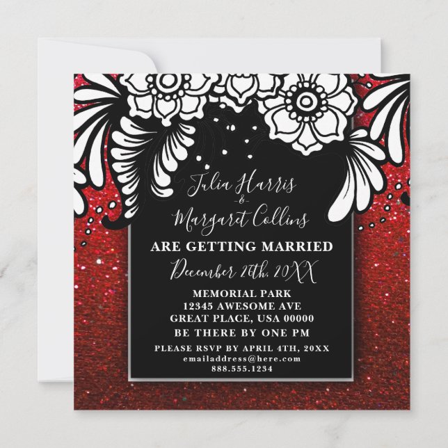 Invitación Ombre Purpurina Rojo Ruby Esparce Floral Elegante (Reverso)