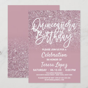 Invitación Ombre Quinceañera, el Purpurina rosado de oro Rosa