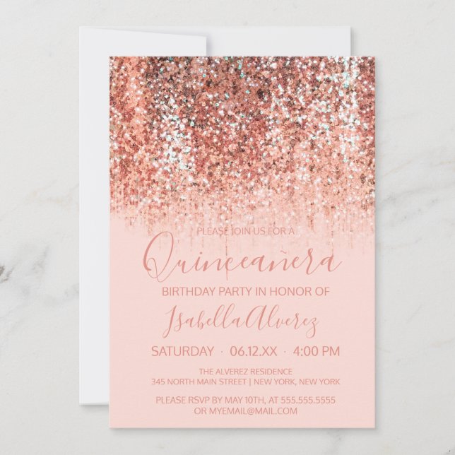 Invitación Ombre Quinceañera, Purpurina de la sirena Rosa Gol (Anverso)