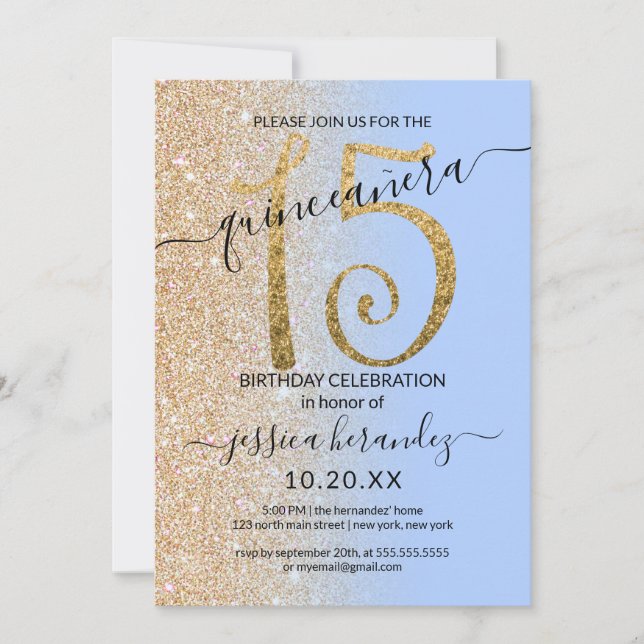 Invitación Ombre Quinceañera, Purpurina de oro azul de la mod (Anverso)