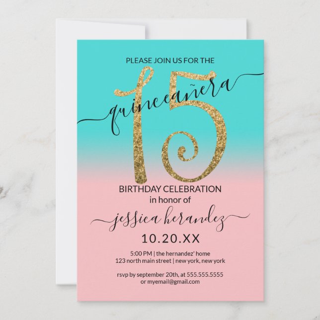 Invitación Ombre Quinceañera, Purpurina de oro Verde azulado  (Anverso)