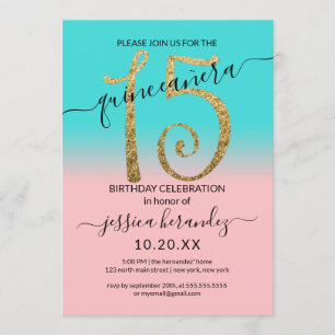 Invitación Ombre Quinceañera, Purpurina de oro Verde azulado 