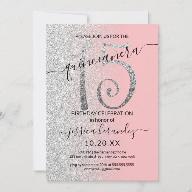 Invitación Ombre Quinceañera, Purpurina de Plata Rosa Girly M (Anverso)