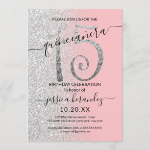 Invitación Ombre Quinceañera, Purpurina de Plata Rosa Girly M
