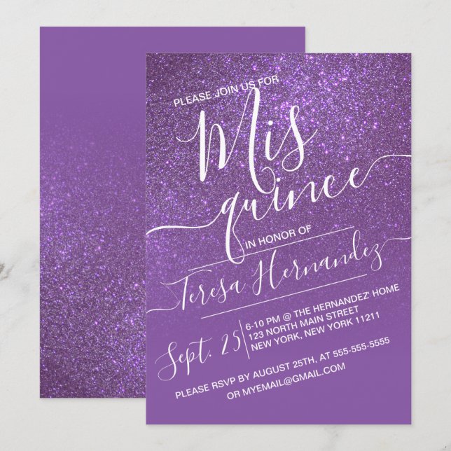 Invitación Ombre Quinceañera, Purpurina violeta morada (Anverso / Reverso)