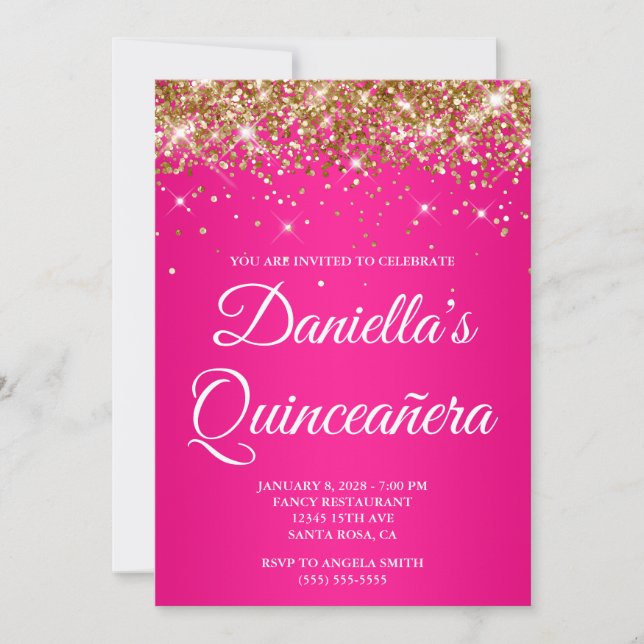 Invitación Ombre rosa caliente Purpurina dorado Quinceañera (Anverso)