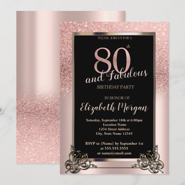 Invitación Ombre, Rosa de moda, Purpurina de Oro, 80º cumplea (Anverso / Reverso)