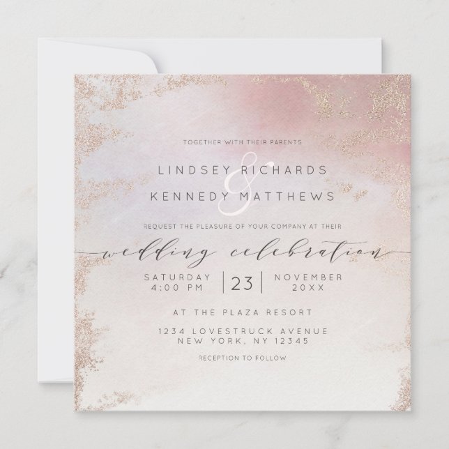 Invitación Ombre Rubor Relieve metalizado de escarcha rosada  (Anverso)