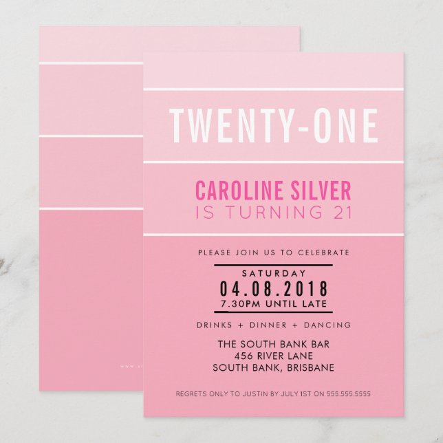 Invitación OMBRE STRIPE fiesta DE 21 años INVITAR moda rosa (Anverso / Reverso)