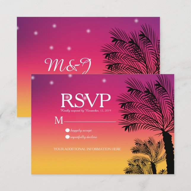 Invitación Ombre Sunset Beach Tropical Palm Trees Boda (Anverso / Reverso)