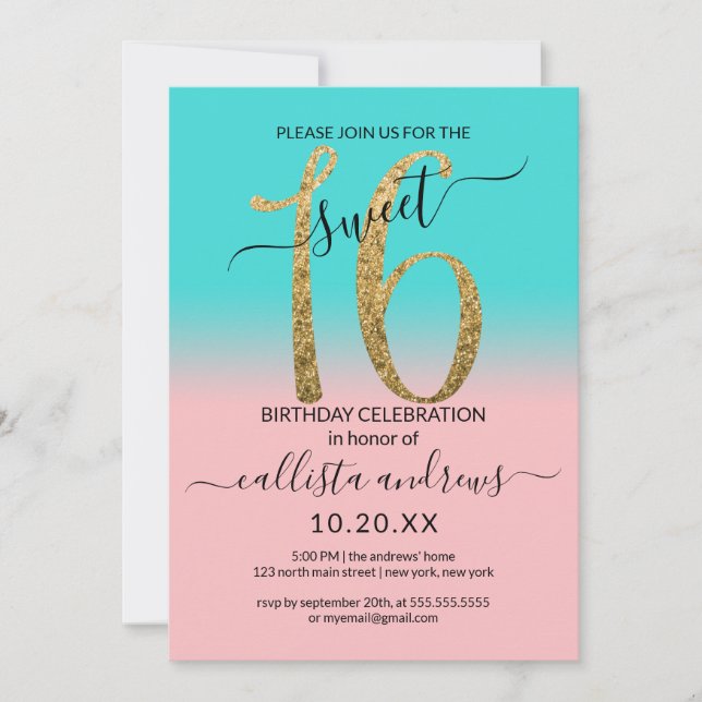 Invitación Ombre Sweet, Purpurina de oro Verde azulado de col (Anverso)