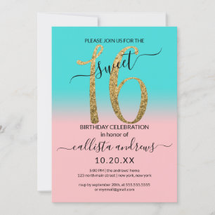 Invitación Ombre Sweet, Purpurina de oro Verde azulado de col