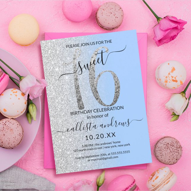 Invitación Ombre Sweet, Purpurina de Plata Azul Girly 16 (Subido por el creador)