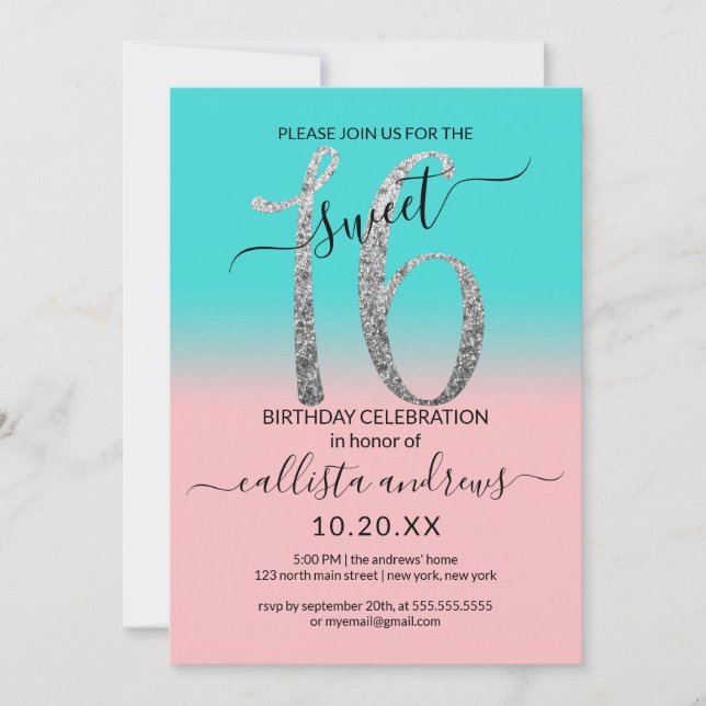 Invitación Ombre Sweet, Purpurina de Plata Verde azulada Girl (Anverso)