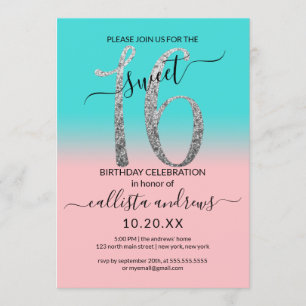 Invitación Ombre Sweet, Purpurina de Plata Verde azulada Girl