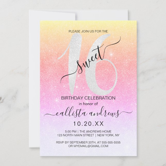 Invitación Ombre Sweet, Purpurina del arcoiris espumoso, 16 (Anverso)