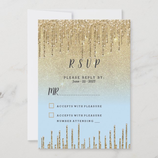 Invitación Ombre teal gold glitter drips script RSVP  (Anverso)