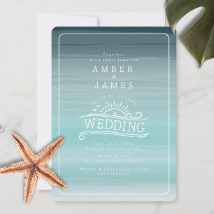 Invitación Ombre Verde azulado de casamiento en playa de arte